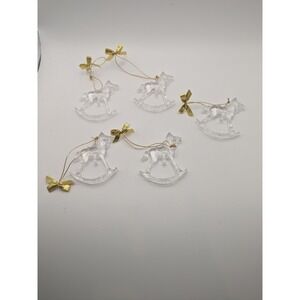 Set of 5 Vtg Avon Clear Acrylic Rocking Horse Christmas‎ Ornaments Gold Bows